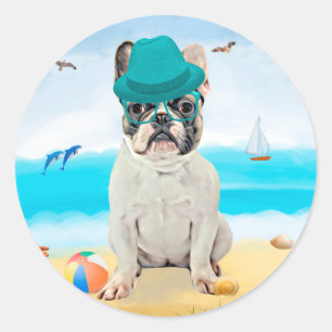 French Bulldog on Beach Classic Round Sticker