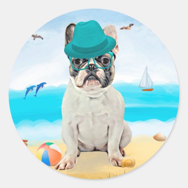 French Bulldog on Beach Classic Round Sticker (Front)