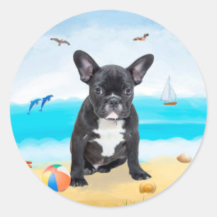 French Bulldog on Beach Classic Round Sticker