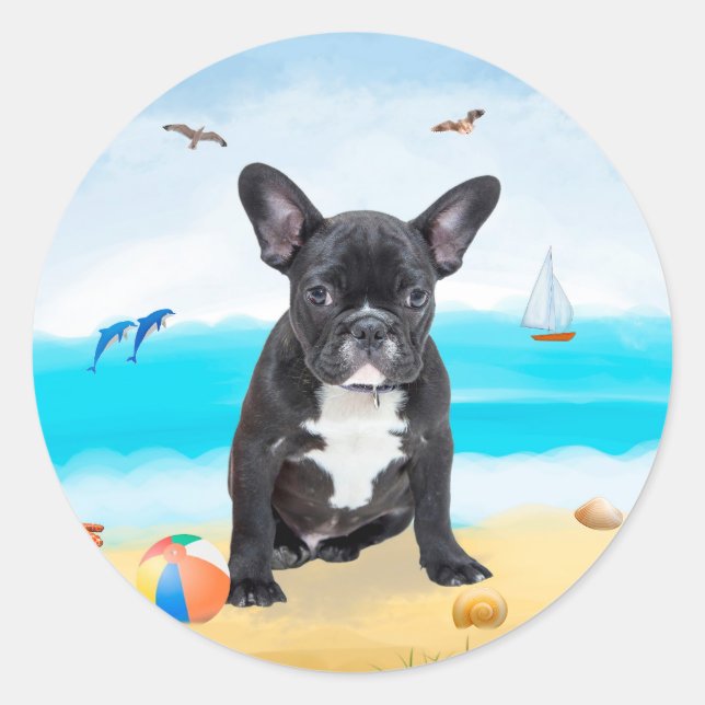 French Bulldog on Beach Classic Round Sticker (Front)