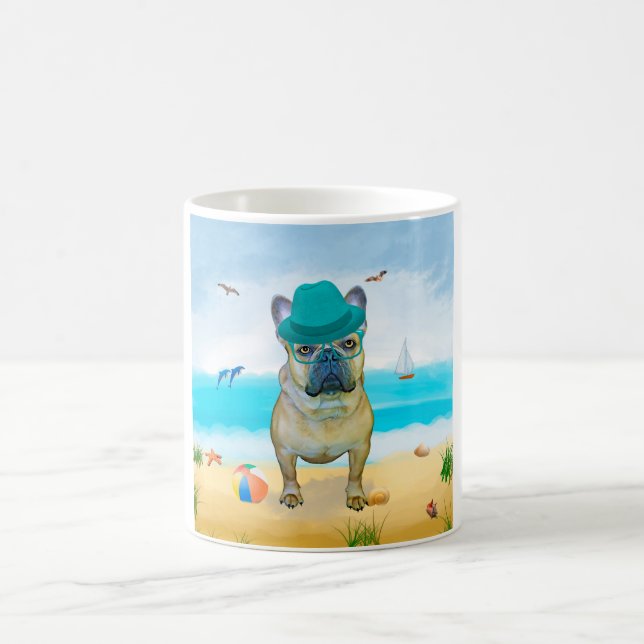 French Bulldog on Beach Coffee Mug (Center)