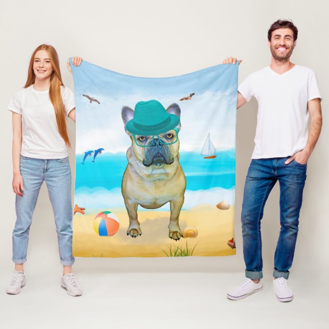 French Bulldog on Beach Fleece Blanket (In Situ)
