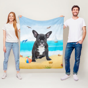 French Bulldog on Beach Fleece Blanket