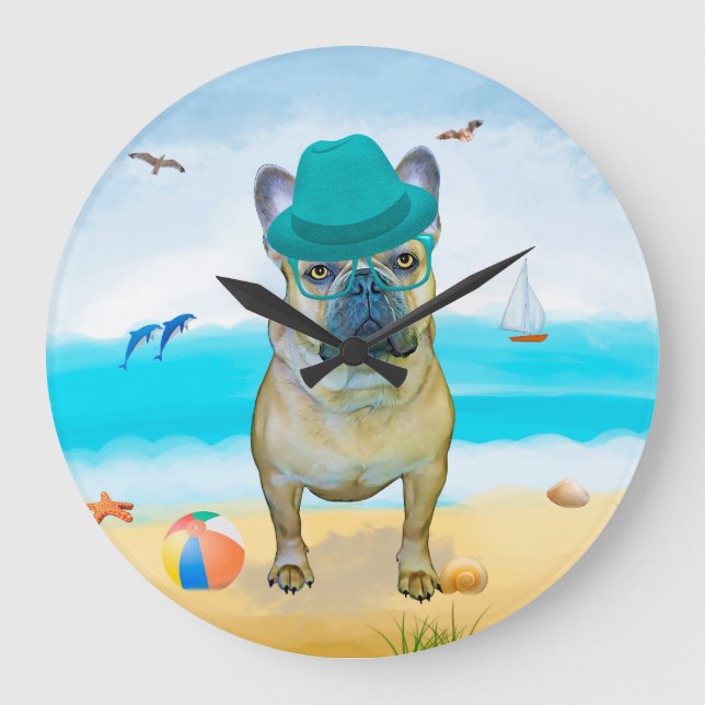 French Bulldog on Beach  Large Clock (Front)