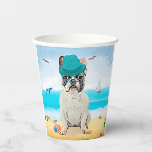 French Bulldog on Beach Paper Cups (Front)