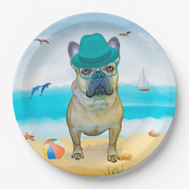 French Bulldog on Beach Paper Plate (Front)