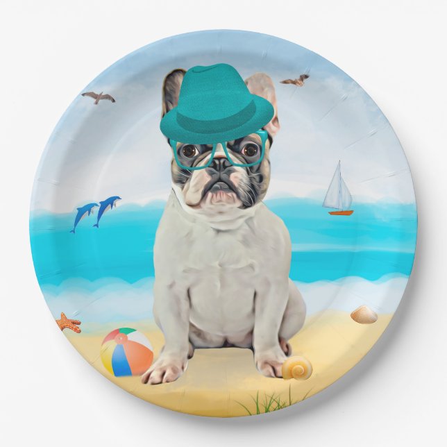 French Bulldog on Beach Paper Plate (Front)