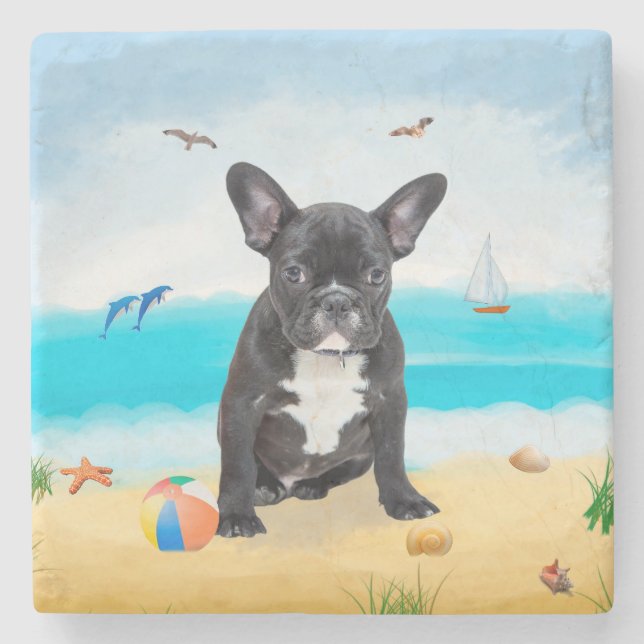 French Bulldog on Beach Stone Coaster (Front)