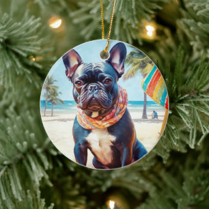 French Bulldog on Beach, summer gift for dog lover Ceramic Tree Decoration