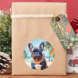 French Bulldog on Beach, summer gift for dog lover Classic Round Sticker