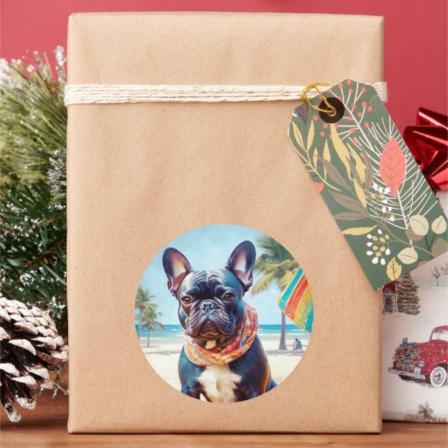 French Bulldog on Beach, summer gift for dog lover Classic Round Sticker (Holiday)