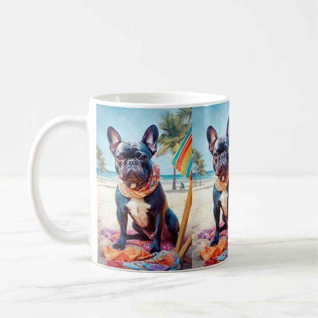 French Bulldog on Beach, summer gift for dog lover Coffee Mug (Left)