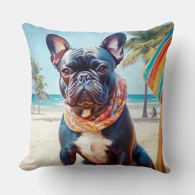 French Bulldog on Beach, summer gift for dog lover Cushion (Front)