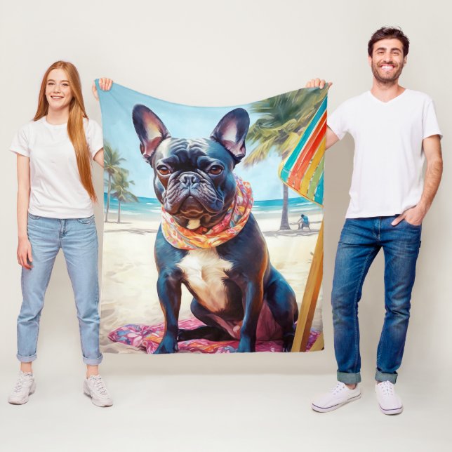 French Bulldog on Beach, summer gift for dog lover Fleece Blanket (In Situ)