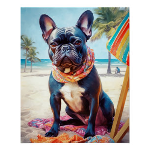 French Bulldog on Beach, summer gift for dog lover Poster