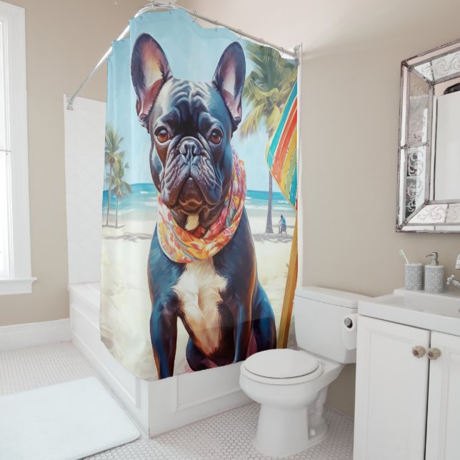 French Bulldog on Beach, summer gift for dog lover Shower Curtain (In Situ)