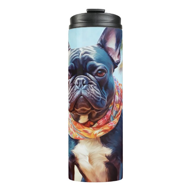 French Bulldog on Beach, summer gift for dog lover Thermal Tumbler (Front)