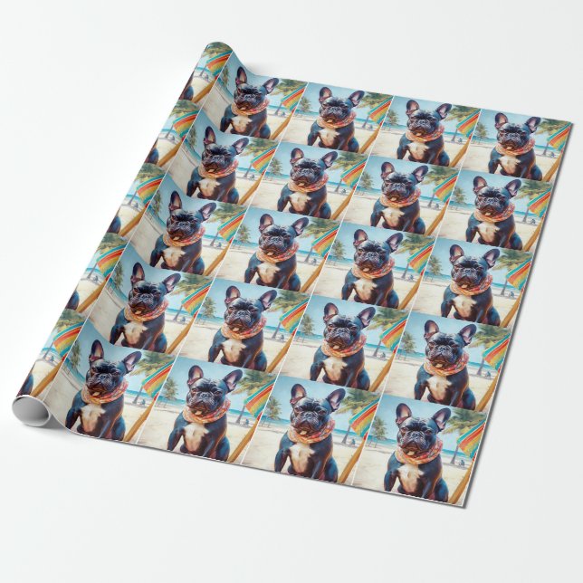 French Bulldog on Beach, summer gift for dog lover Wrapping Paper (Unrolled)