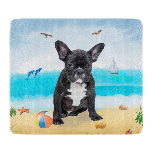 French Bulldog on Beach Throw Pillow Cutting Board (Front)