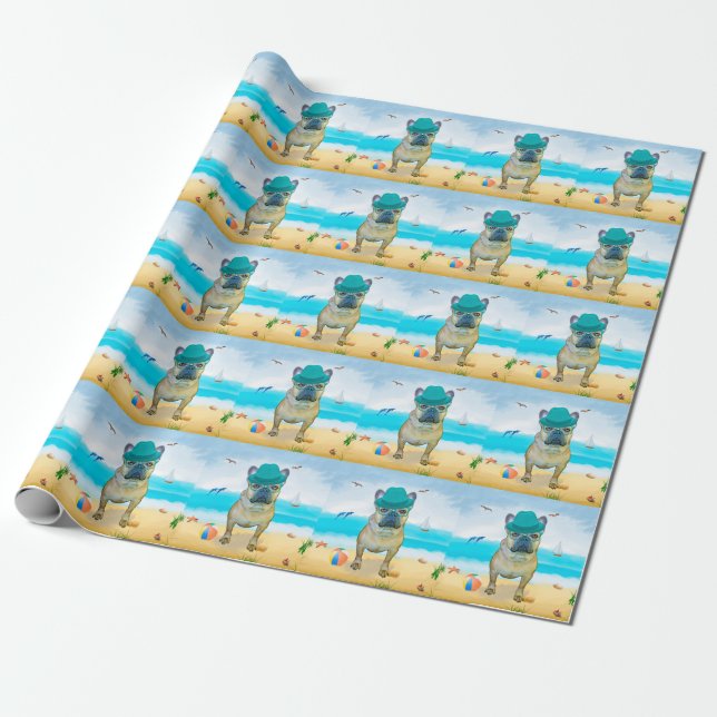 French Bulldog on Beach Wrapping Paper (Unrolled)