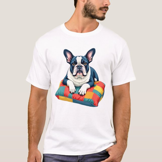 French Bulldog on Colourful Cushion T-Shirt - (Front)