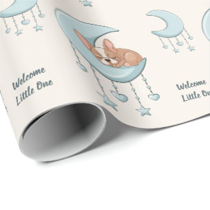 French Bulldog on Moon Blue Baby Boy Baby Shower Wrapping Paper