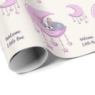 French Bulldog on Moon Pink Baby Girl Baby Shower Wrapping Paper