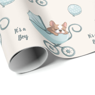 French Bulldog on Stroller Blue Boy Baby Shower Wrapping Paper