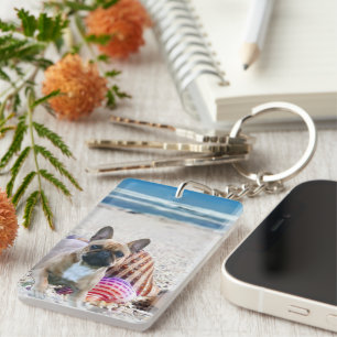 French Bulldog on the beach Key Key Ring