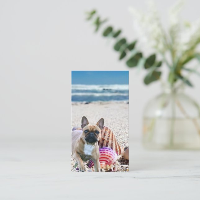 French Bulldog on the beach postcard Business Card (Standing Front)