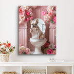 French Bulldog on Toilet | Frenchie Art Bathroom Canvas Print<br><div class="desc">Art featuring a playful French Bulldog enjoying a bathroom break in a bathroom filled with beautiful flowers. This charming artwork adds a touch of warmth and personality to your space,  making it feel more inviting and joyful.</div>