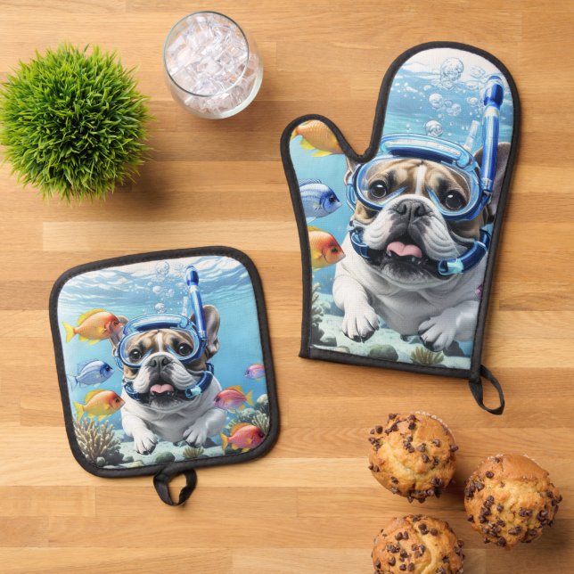 French Bulldog on vacation Oven Mitt & Pot Holder Set (Top Down)