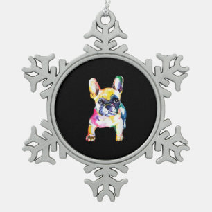 French Bulldog Original Watercolor Drawing Gift Snowflake Pewter Christmas Ornament