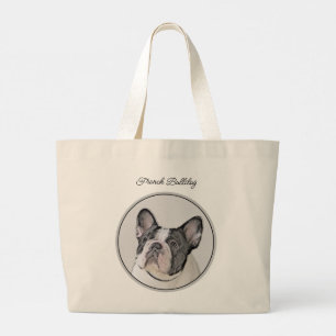 French Bulldog Painting White Black Pied Dog Art Large Tote Bag