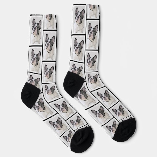 French Bulldog Painting White Black Pied Dog Art Socks (Right)