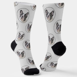 French Bulldog Painting White Black Pied Dog Art Socks