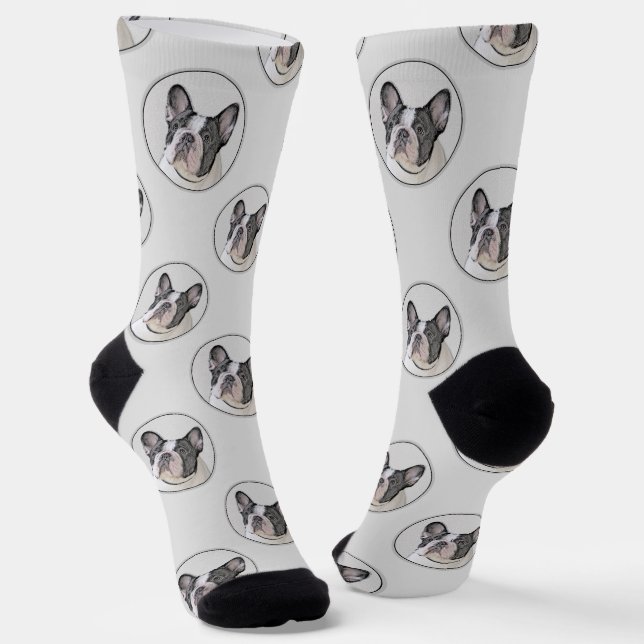 French Bulldog Painting White Black Pied Dog Art Socks (Angled)