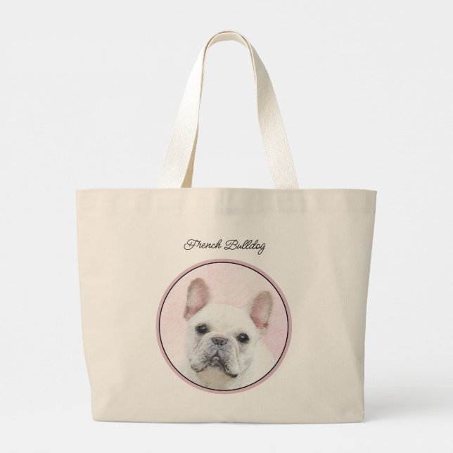 French Bulldog Painting White Cream Pet Dog Art Large Tote Bag (Back)