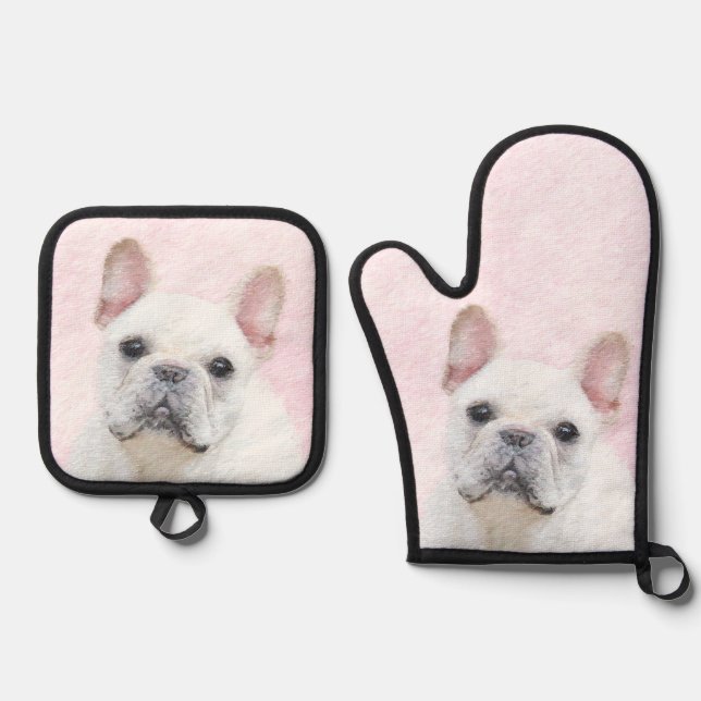 French Bulldog Painting White Cream Pet Dog Art Oven Mitt & Pot Holder Set (Front)