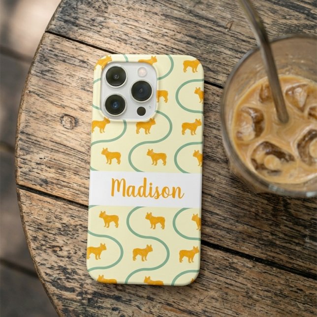 French Bulldog Pattern Custom Name Lemon Yellow iPhone Case (Creator Uploaded)