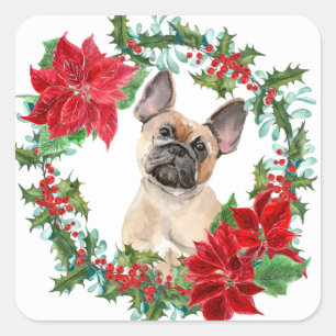 French Bulldog Poinsettia Christmas Wreath Square Sticker