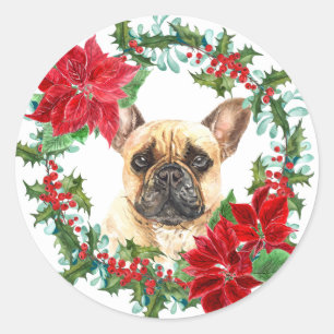 French Bulldog Poinsettia Holly Christmas Wreath Classic Round Sticker