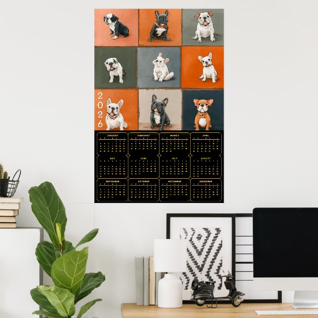 French Bulldog Portrait Grid with 2026 Calendar Poster (Home Office)