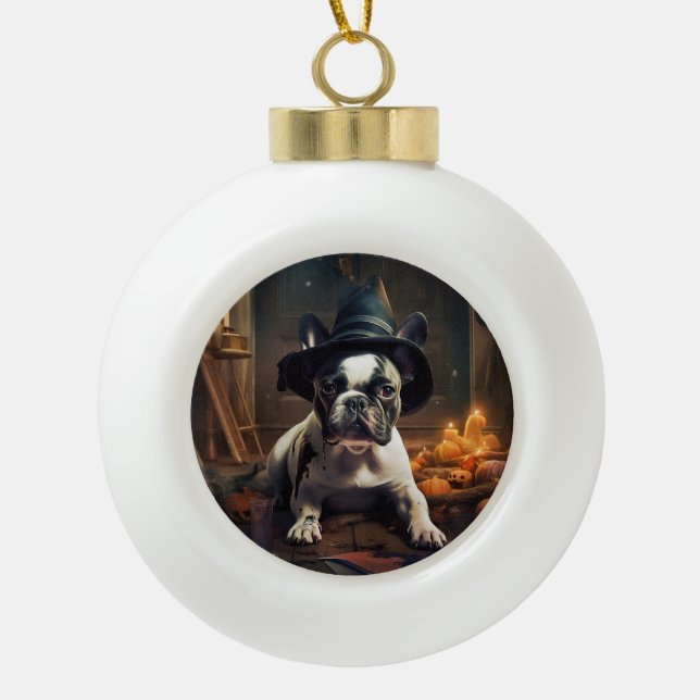 French Bulldog Pumpkins Halloween Scary Ceramic Ball Christmas Ornament (Front)
