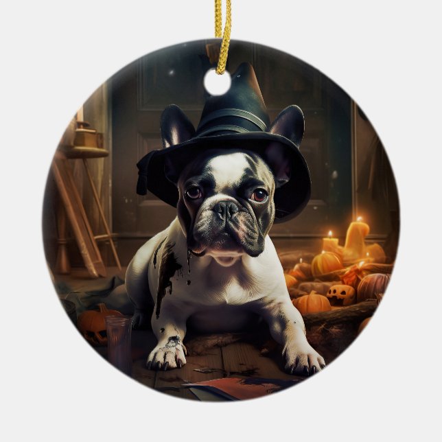 French Bulldog Pumpkins Halloween Scary Ceramic Tree Decoration (Front)