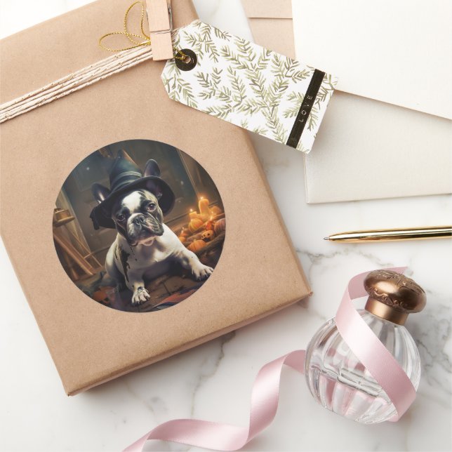 French Bulldog Pumpkins Halloween Scary Classic Round Sticker (Gifting)