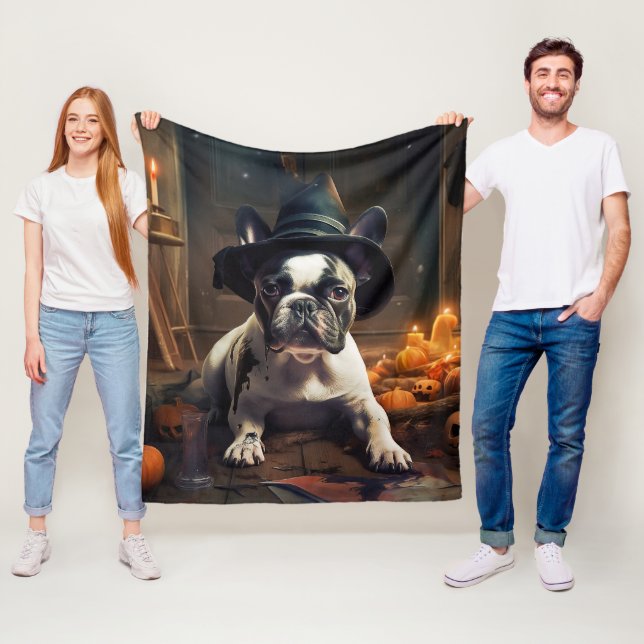 French Bulldog Pumpkins Halloween Scary Fleece Blanket (In Situ)