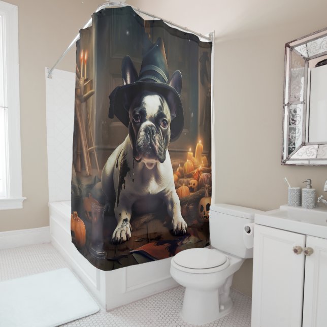French Bulldog Pumpkins Halloween Scary Shower Curtain (In Situ)