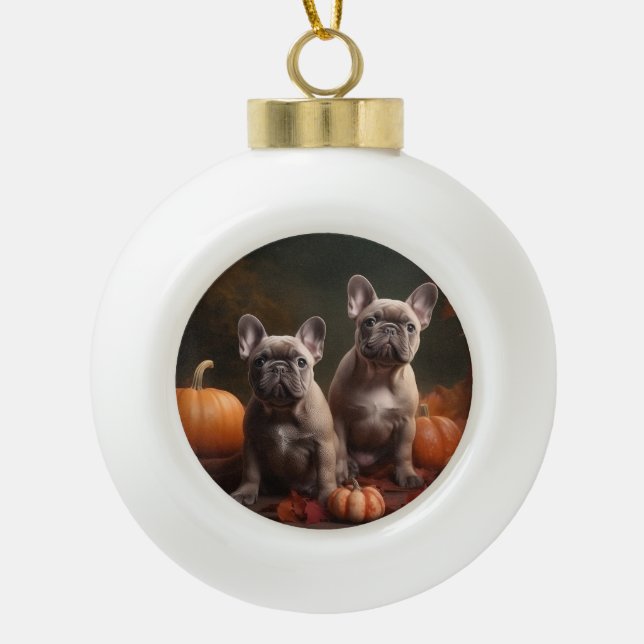 French Bulldog Puppy Autumn Delight Pumpkin Ceramic Ball Christmas Ornament (Front)