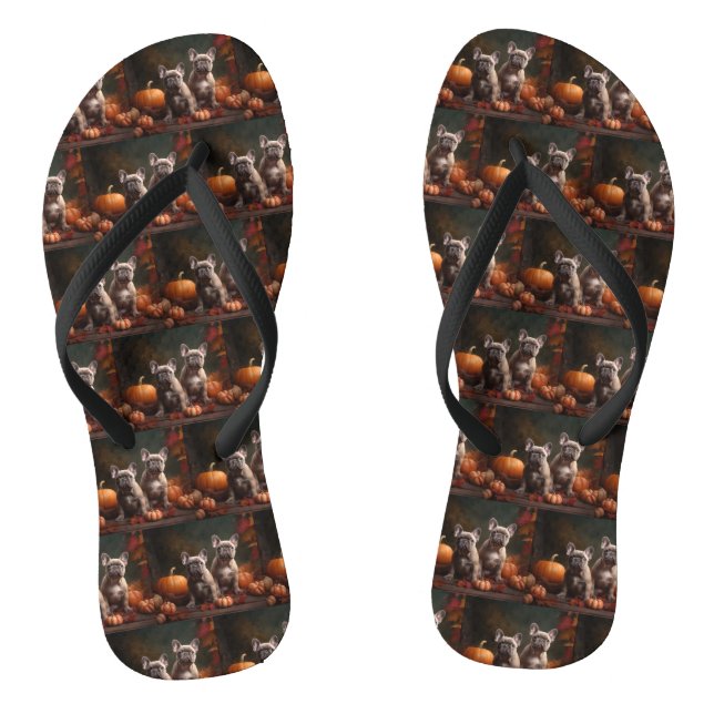 French Bulldog Puppy Autumn Delight Pumpkin Flip Flops (Footbed)
